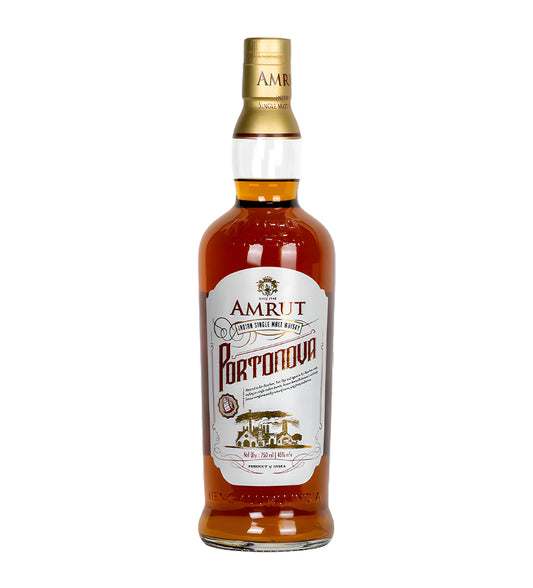 Amrut Portonova Indian Single Malt Whisky 75cl clear glass bottle on white background, rich mahogany spirit with deep red and gold label highlighting sherry and port cask maturation