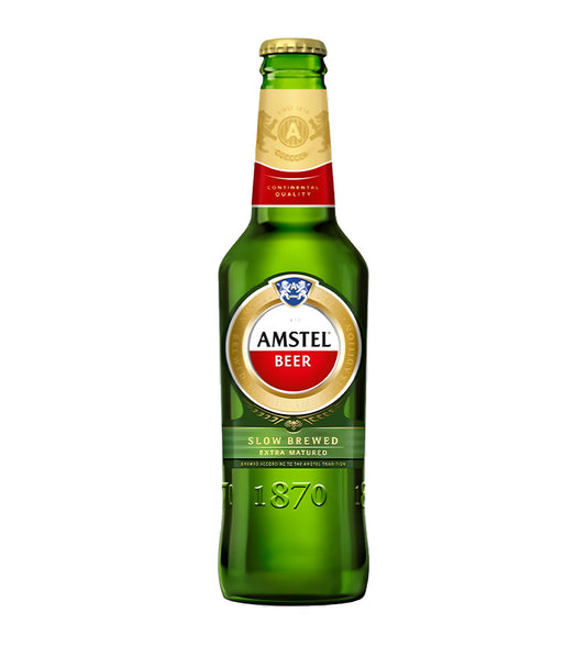 Amstel beer bottle on a white background.