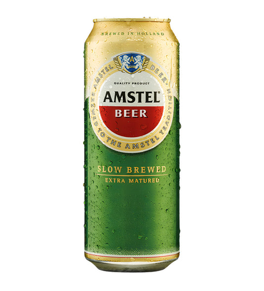 Amstel Beer can with green and gold design on a white background