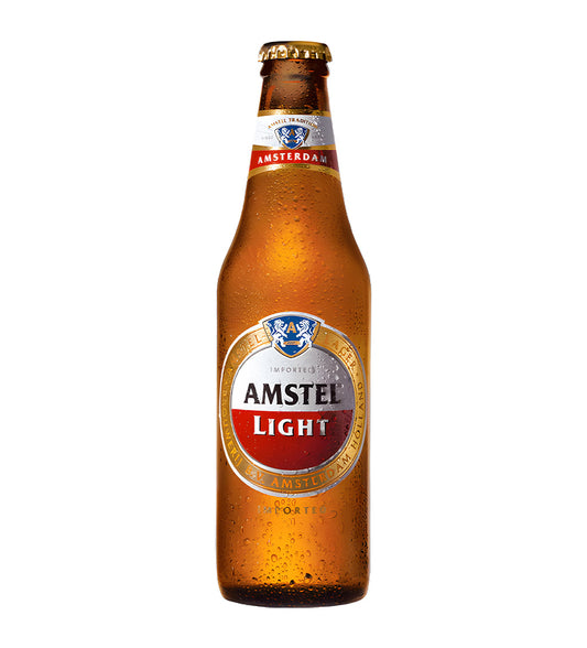 Amstel Light 35.5cl glass beer bottle on white background, light lager with label