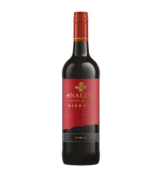 Anakena Birdman Merlot red wine 75cl dark glass bottle on white background.