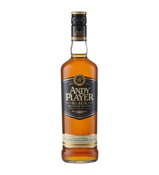Andy Player Whisky 150cl clear glass bottle on white background, golden amber spirit with black and gold label featuring bold brand logo