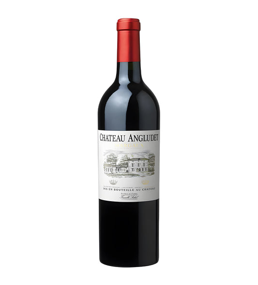 Château Angludet 2015 red wine 75cl dark glass bottle on white background, cream label with chateau illustration and gold accents