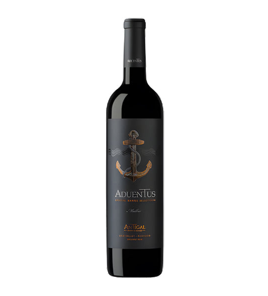 Wine bottle with 'Adventus' label on a white background