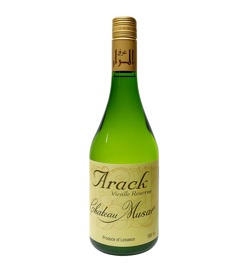 Green bottle of Chateau Musar Arack Vieille Reserve on a white background