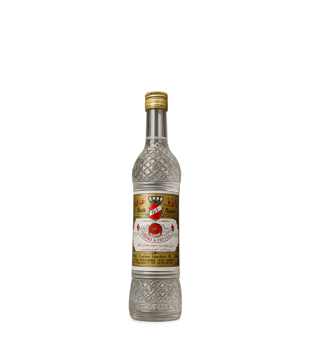 Silver bottle with a decorative label on a white background