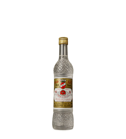 Silver bottle with a decorative label on a white background