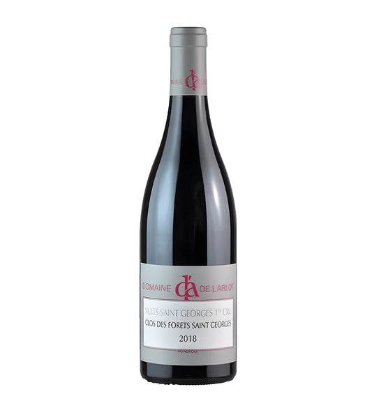 Domaine de l’Arlot Nuits-Saint-Georges Clos des Forêts 2018 red wine 75cl dark glass bottle on white background.