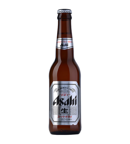 Asahi Super Dry 33cl glass beer bottle on white background, Japanese lager with label