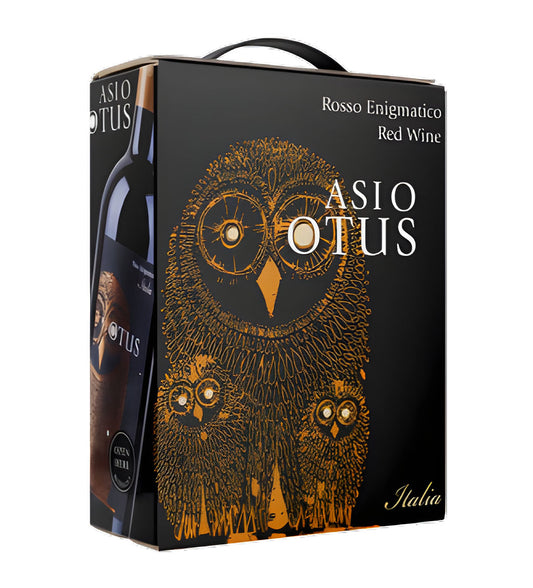 Asio Otus Cabernet Merlot Shiraz red wine 3L bag-in-box on white background, black owl design with gold accents and brand logo