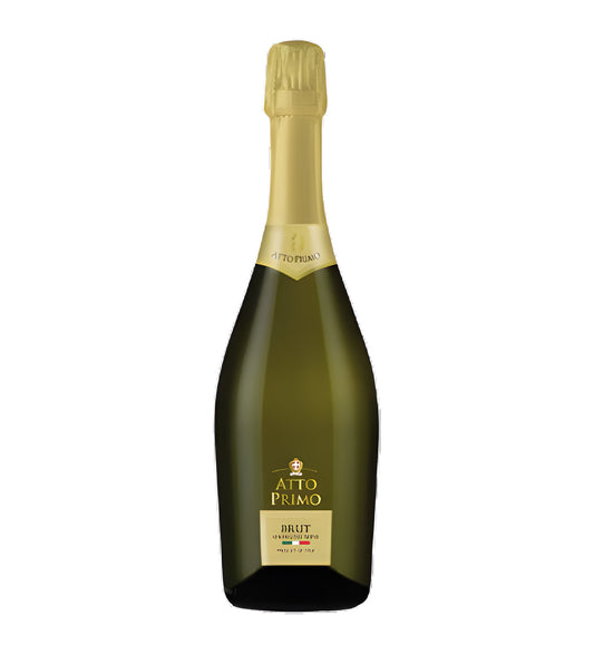 Atto Primo red wine 75cl dark glass bottle on white background, cream label with ornate black typography and gold accents