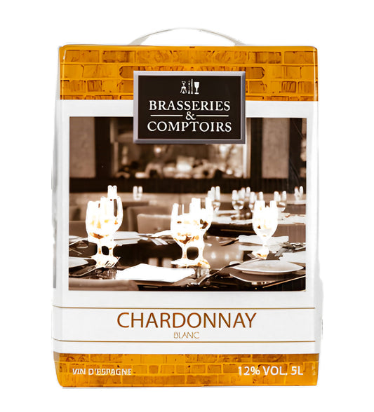 BIB Brasseries Chardonnay 5L box wine with white and gold label on white background