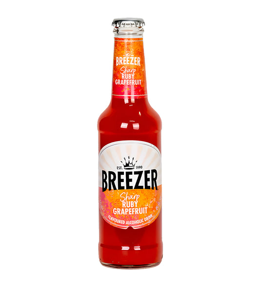 Bacardi Breezer Grapefruit 27.5cl clear glass bottle on white background, pink beverage with white label and fruit imagery