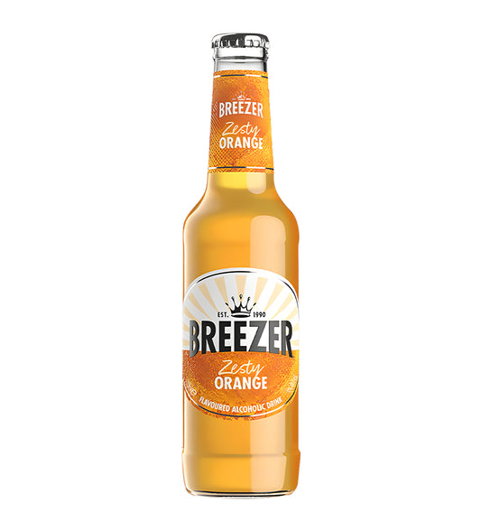 Bacardi Breezer Lemon 27.5cl clear glass bottle on white background, yellow beverage with white label and lemon imagery