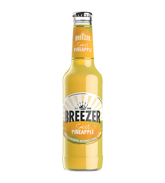 Bacardi Breezer Pineapple 27.5cl clear glass bottle on white background, pale yellow beverage with white label and pineapple imagery
