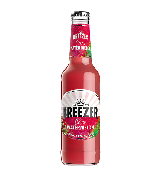 Bacardi Breezer Watermelon 27.5cl clear glass bottle on white background, pink beverage with white label and watermelon imagery