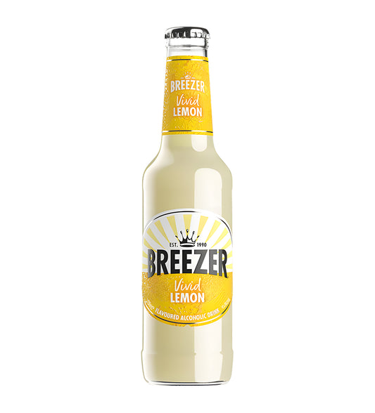 Bacardi Breezer Grapefruit 27.5cl clear glass bottle on white background, pink beverage with white label and fruit imagery