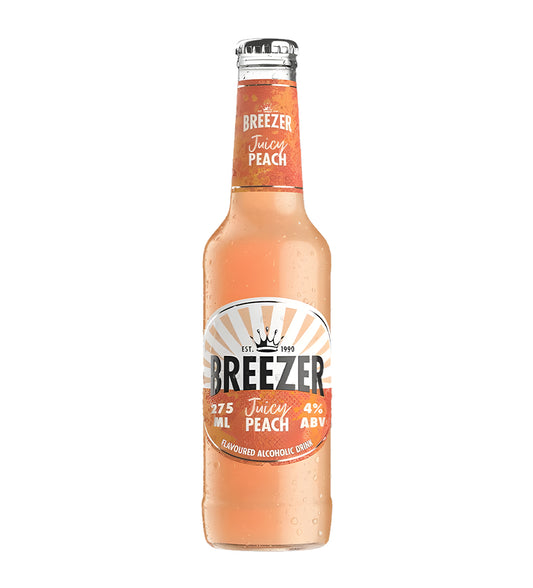 Bacardi Breezer Peach 27.5cl clear glass bottle on white background, light orange beverage with white label and peach imagery
