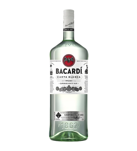 Bacardi Carta Blanca white rum 1.5L clear glass bottle on white background, white label with bat logo and red accents