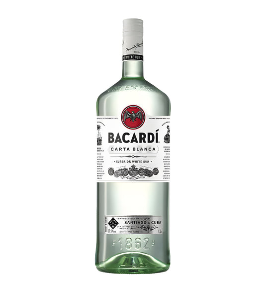 Bacardi Carta Blanca white rum 1L clear glass bottle on white background, white label with bat logo and red accents