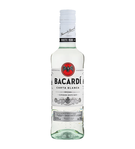 Bacardi Carta Blanca white rum 35cl clear glass bottle on white background, white label with bat logo and red accents