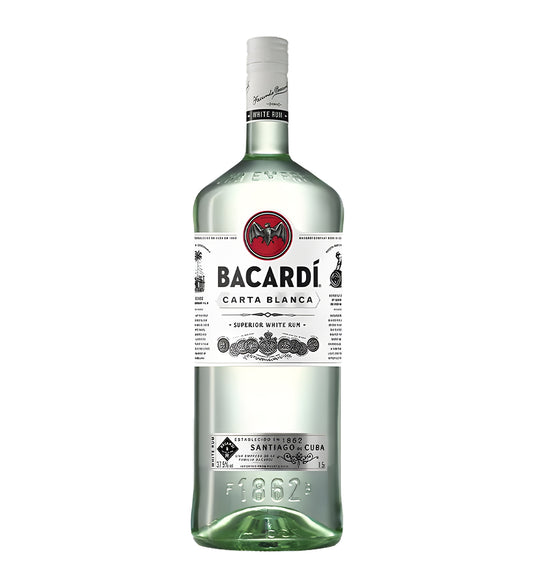 Bacardi Carta Blanca white rum 3L clear glass bottle on white background, white label with bat logo and red