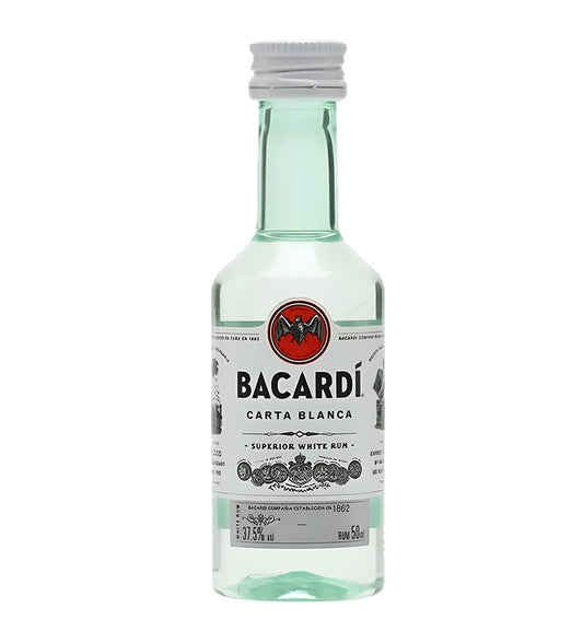 Bacardi Carta Blanca white rum 5cl mini clear glass bottle on white background, white label with bat logo and red accents
