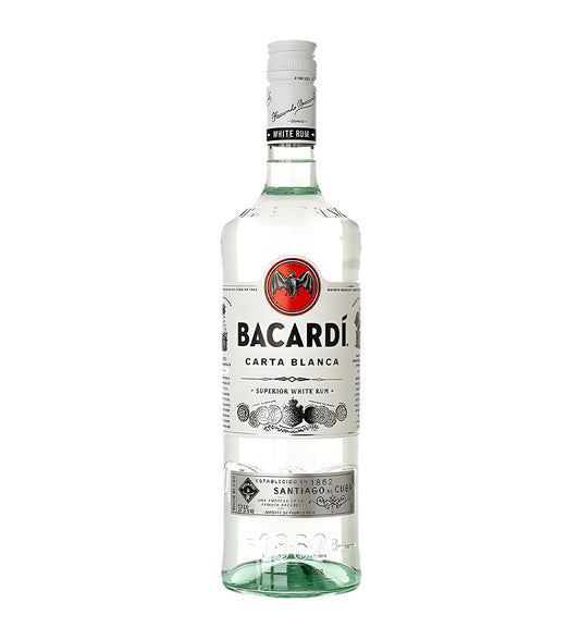 Bacardi Carta Blanca white rum 75cl clear glass bottle on white background, white label with bat logo and red accents