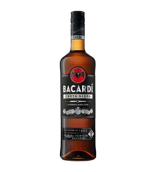 Bacardi Carta Negra dark rum 1L clear glass bottle on white background, black label with gold accents and bat logo