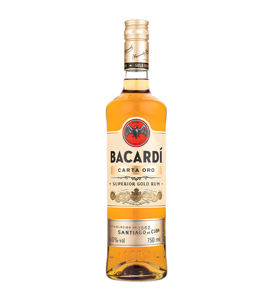 Bacardi Gold rum 1L clear glass bottle on white background, golden spirit with white and gold label featuring bat logo