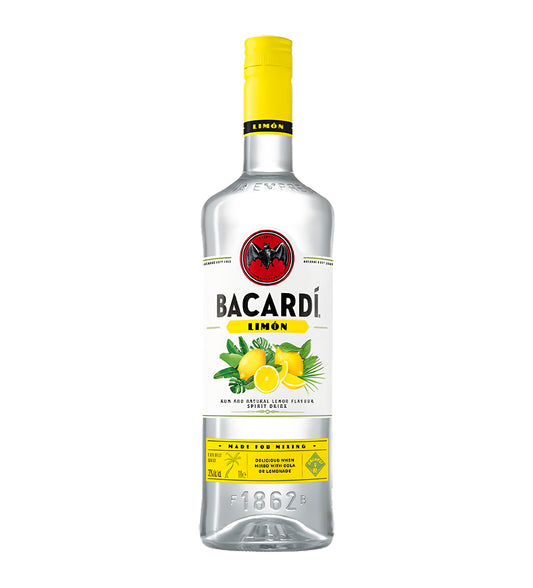 Bacardi Limón rum 1L clear glass bottle on white background, white label with yellow lemon graphic and bat logo