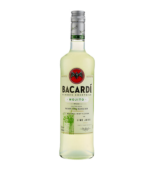 Bacardi Mojito rum 70cl clear glass bottle on white background, white label with green mint leaves graphic and bat logo