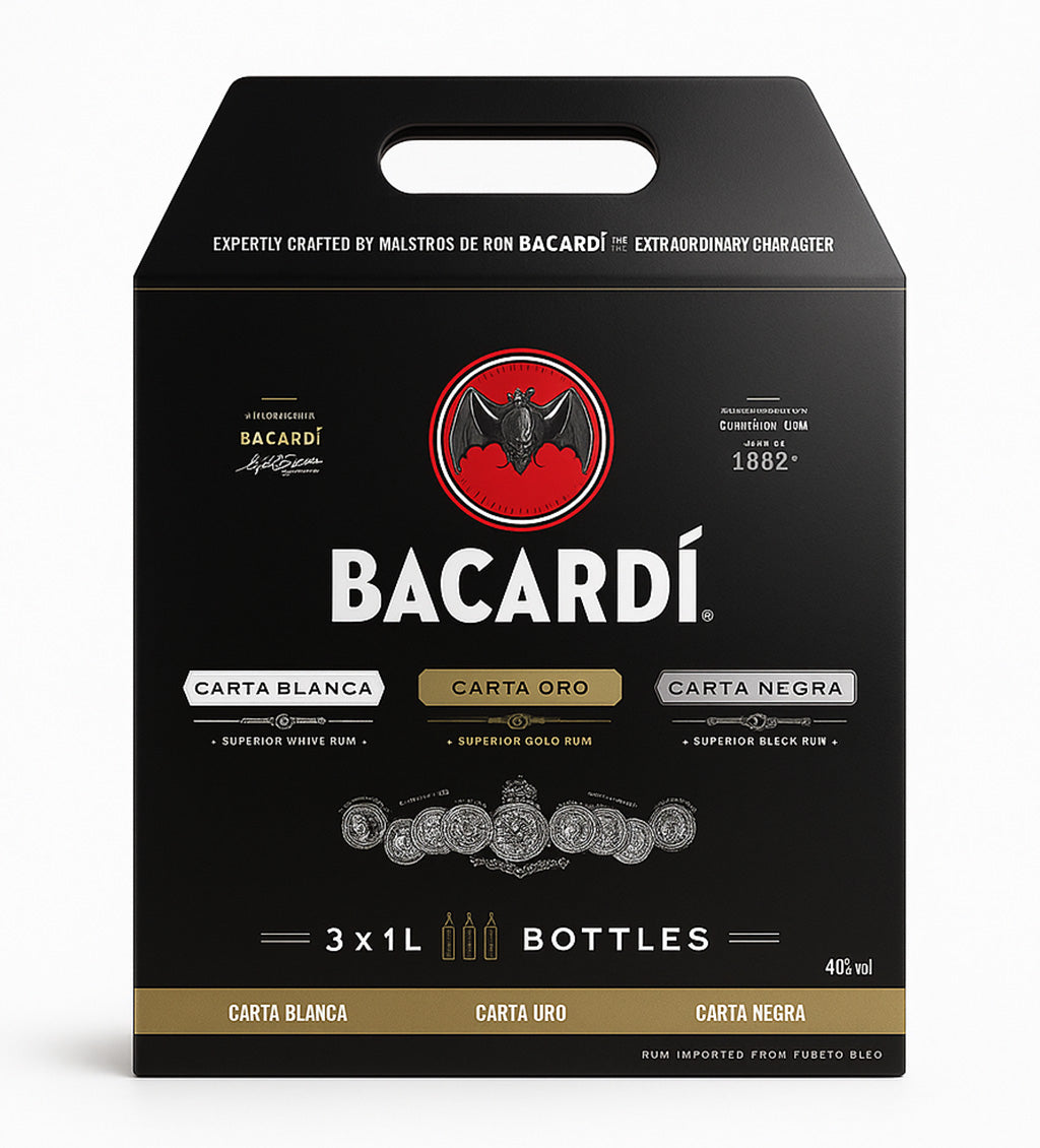 Bacardi packaging with black background and brand logo