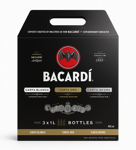 Bacardi packaging with black background and brand logo
