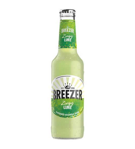 Bottle of Bacardi Breezer Zingy Lime on a white background.