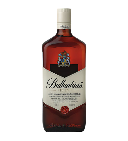 Ballantine’s Blended Scotch Whisky 1.14L clear glass bottle on white background, golden spirit with cream and blue label featuring brand crest and logo