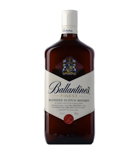 Ballantine’s Blended Scotch Whisky 1L clear glass bottle on white background, golden amber spirit with cream and blue label featuring brand crest and logo