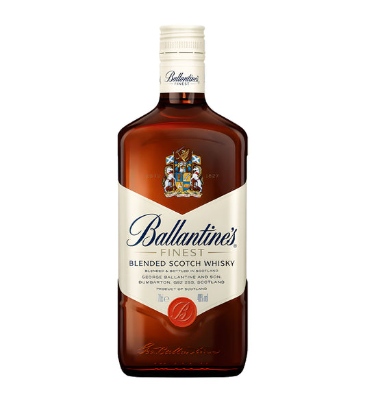 Ballantine’s Blended Scotch Whisky 75cl clear glass bottle on white background, golden amber spirit with cream and blue label featuring brand crest and logo