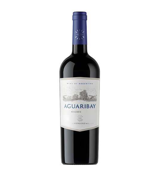 Baron Aguaribay Malbec red wine 75cl dark glass bottle on white background, white label with tree illustration and gold accents