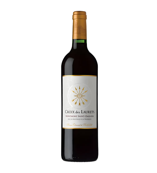 Baron Croix Des Laurets 2012 red wine 75cl dark glass bottle on white background, cream label with gold crest and black text