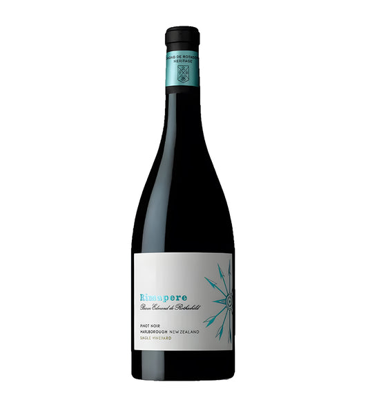 Baron Rimapere Pinot Noir red wine 75cl dark glass bottle on white background, white label with silver accents and brand logo