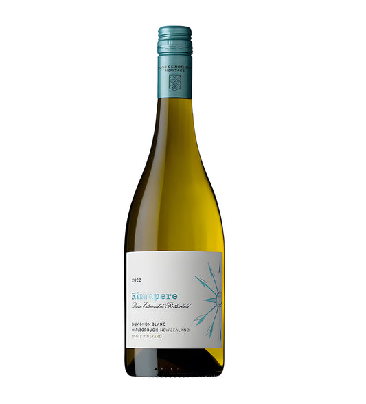 Baron Rimapere Sauvignon Blanc white wine 75cl green glass bottle on white background, white label with silver accents and brand logo