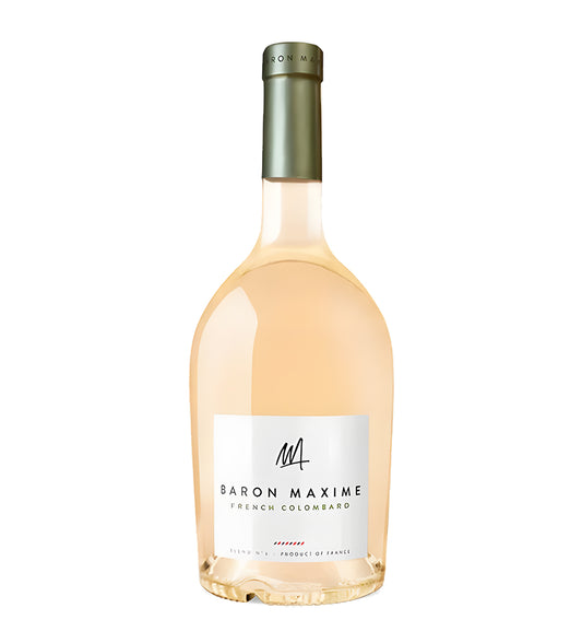 Barone Maxime Colombard white wine 75cl green glass bottle on white background, white label with gold crest and black text