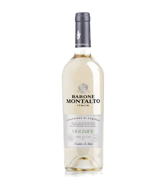 Barone Montalto Viognier Terre Siciliane white wine 75cl green glass bottle on white background, cream label with gold accents and brand logo