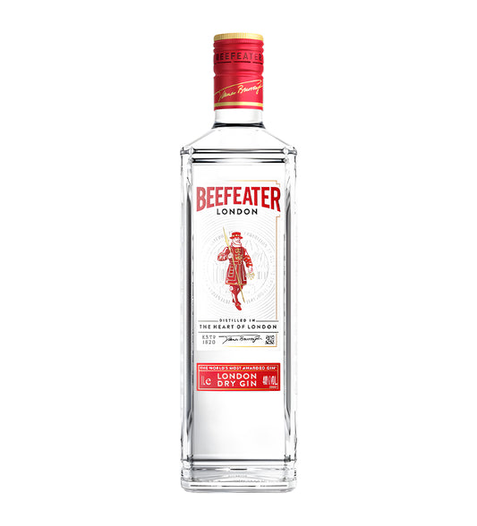 Beefeater London Dry Gin bottle with red cap and label on a white background