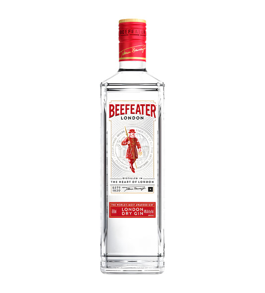 Beefeater London Dry Gin 75cl clear glass bottle on white background, red and white label with city illustration.