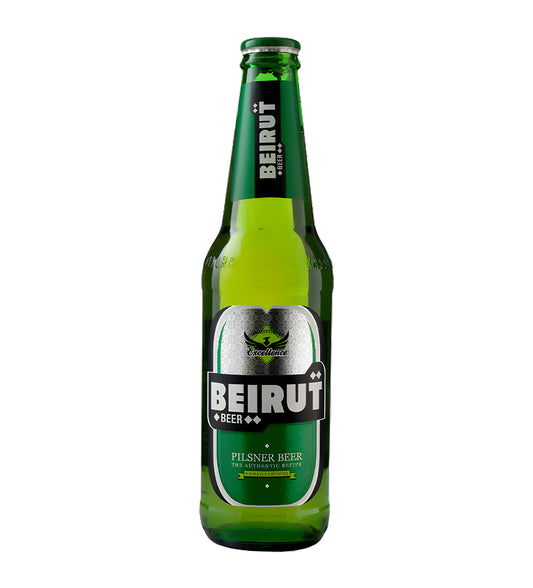 Beirut Beer 33cl glass bottle on white background, Lebanese lager with label