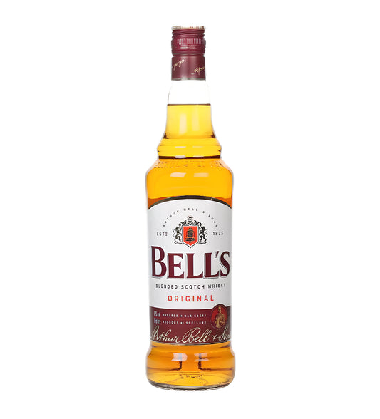 Bell’s Blended Scotch Whisky 75cl clear glass bottle on white background, golden amber spirit with cream and red label featuring brand crest and bold Bell’s logo