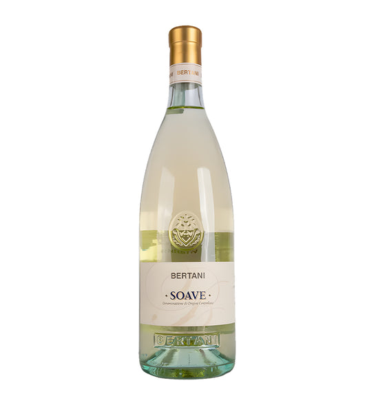 Bottle of Bertani Soave wine on a white background