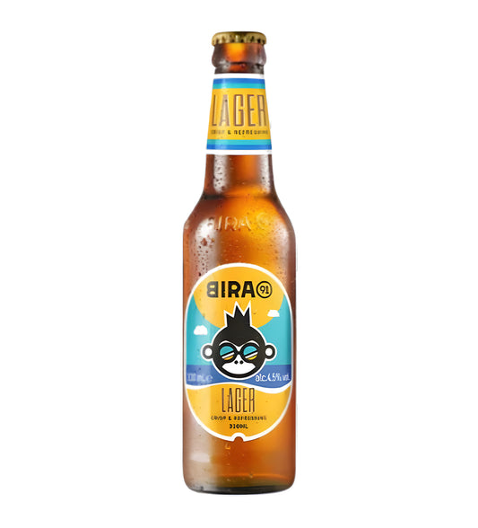 Bira lager beer bottle with colorful label on a white background